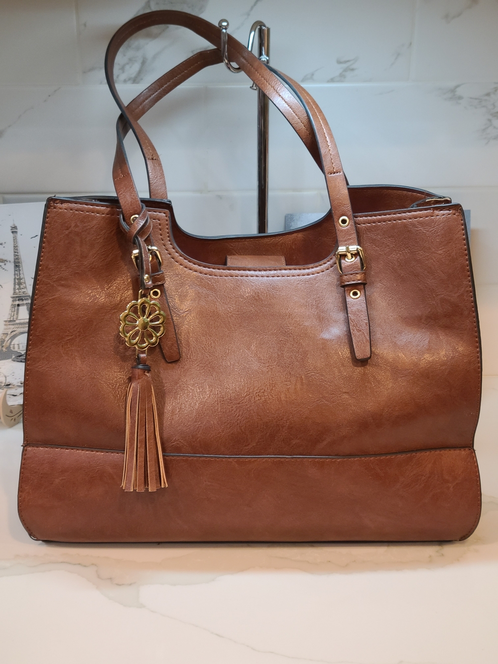 Bueno Brown Leather Tote with Tassel Charm - Picture 3 of 15